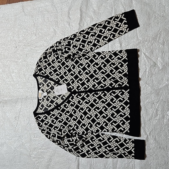 TALBOTS Women’s V-Neck Cardigan Sweater Black White Merino Wool - Picture 2 of 7